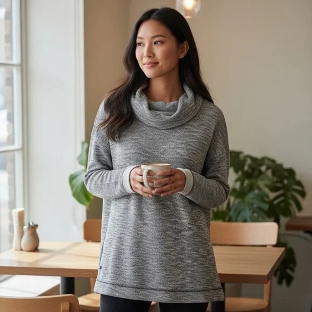 TALBOTS Top Womens PL Black Gray Herringbone Knit Cowl Neck Pullover